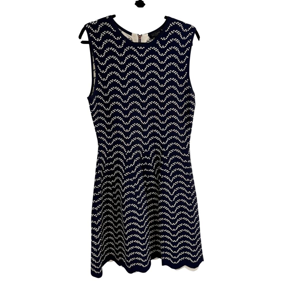 Ted Baker Bryena Navy White Knit Fit & Flare Dress Career Work Classic Size 8-10